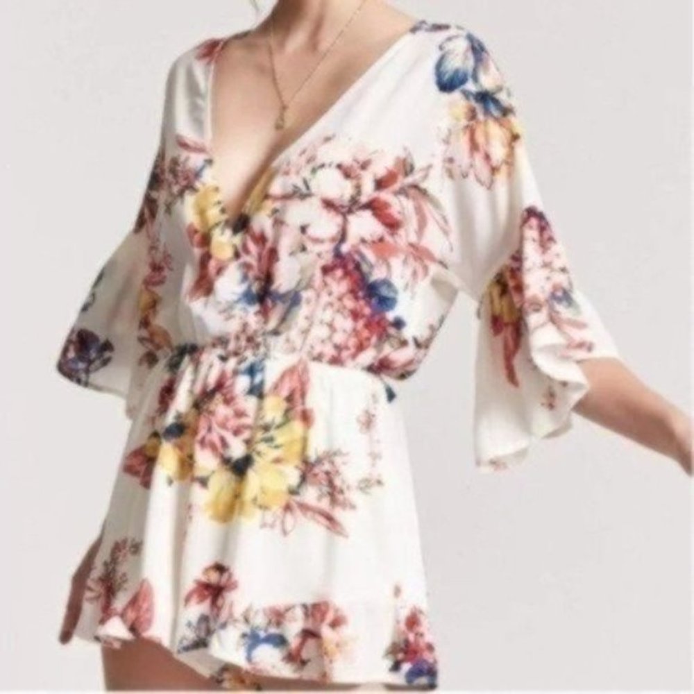 Forever 21 Floral Print Romper - White, Pink, Yellow, Blue